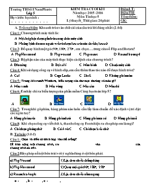 Đề kiểm tra cuối học kỳ I môn Tin học Lớp 5 - Năm học 2015-2016 - Trường TH Số 1 Nam Phước